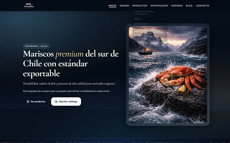 Mar Austral Origin website — premium seafood exporter